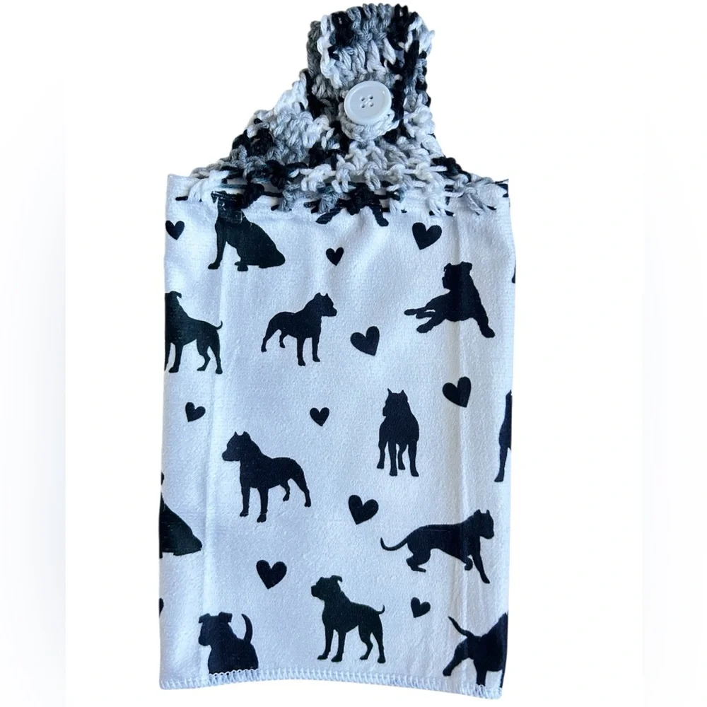 Hand Crafted Black and White Dog Pattern Pit Bull Hanging Hand Towel